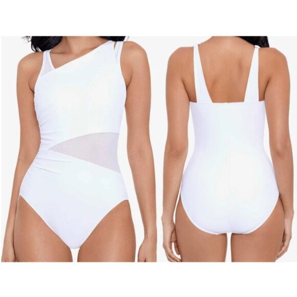 Miraclesuit White Azura One-Piece Swimsuit Sz 14 Classic Modest Resortwear Mesh - Picture 1 of 12